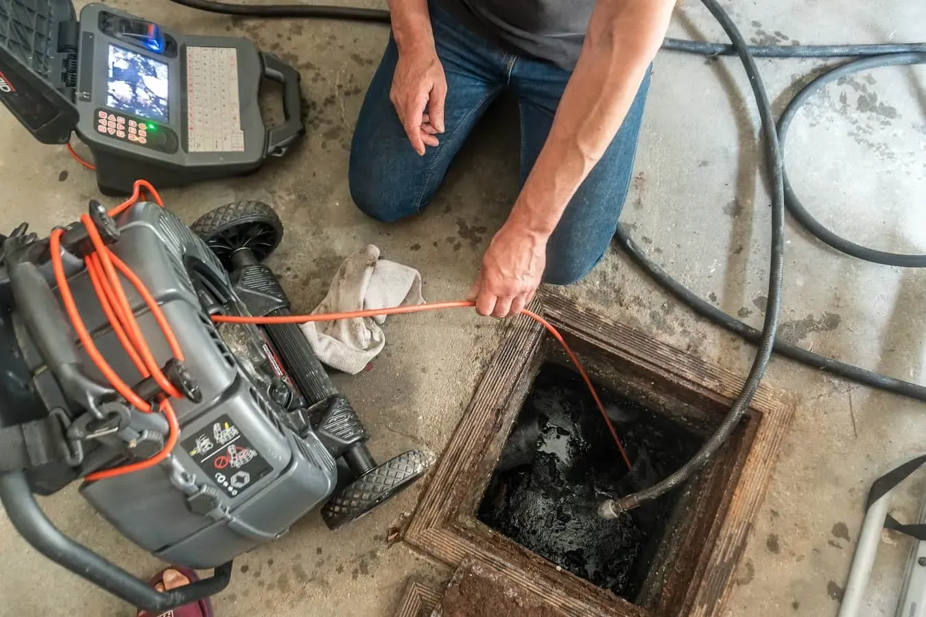 A picture of a drainage technician working on a blocked outdoor drain.