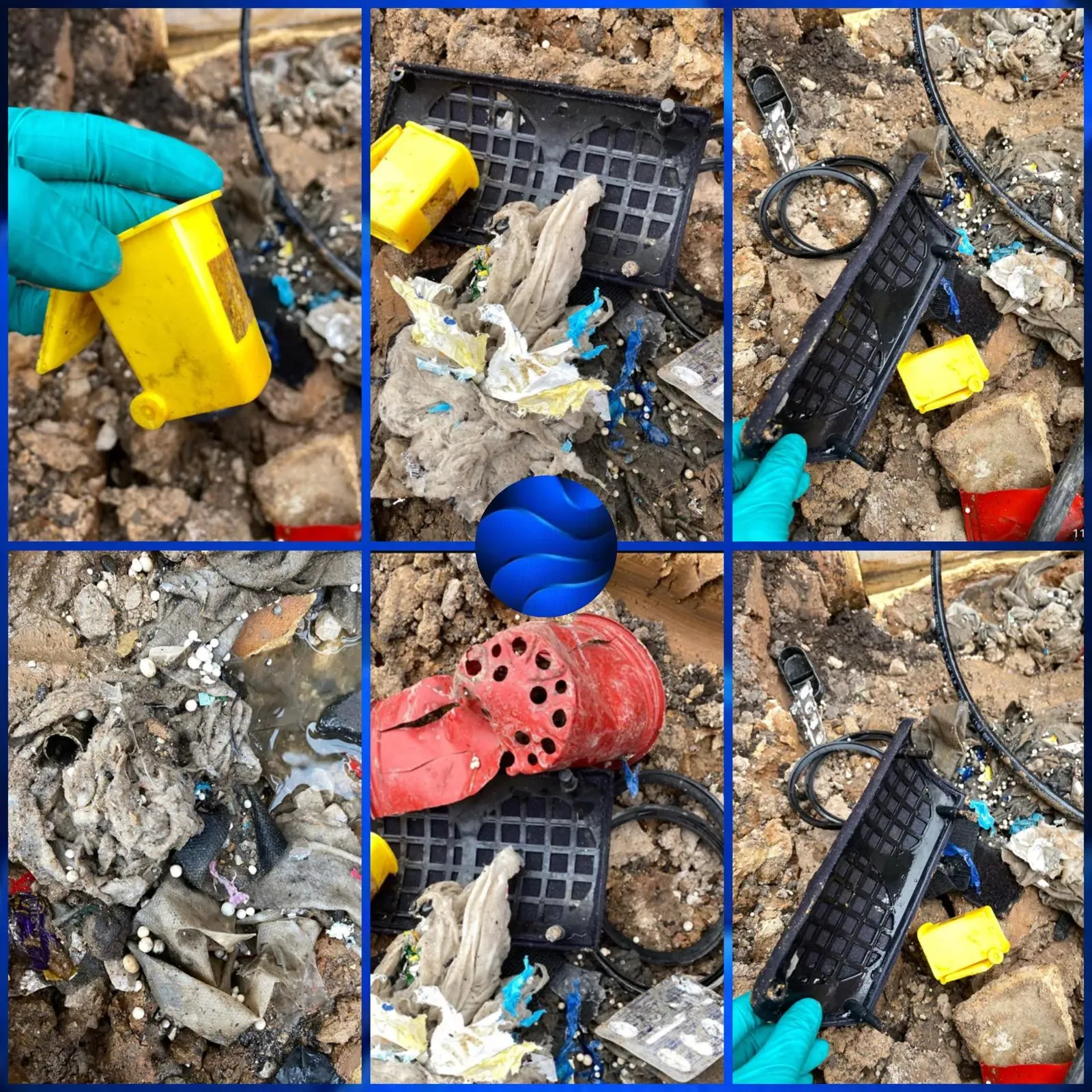 Debris and foreign objects removed from a blocked drain during unblocking work.